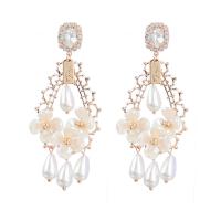 Tibetan Style Drop Earrings, with ABS Plastic Pearl, fashion jewelry & for woman & with rhinestone, golden, 71x39mm, Sold By Pair