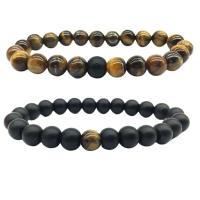 Gemstone Bracelets, Tiger Eye, with Black Stone, Round, Unisex, more colors for choice, 8mm, Length:7.09 Inch, Sold By PC