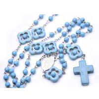 Rosary Necklace Zinc Alloy with turquoise Cross silver color plated Unisex blue nickel lead & cadmium free Length 21.46 Inch Sold By PC