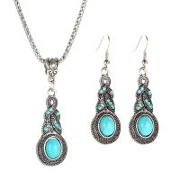 Tibetan Style Jewelry Sets, earring & necklace, with turquoise, with 1.57inch extender chain, antique silver color plated, 2 pieces & Bohemian style & for woman, nickel, lead & cadmium free, 55mm, 50mm, Length:Approx 26.3 Inch, Sold By Set