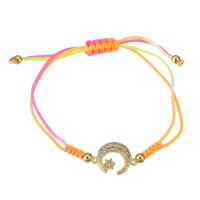 Brass Bracelet with Polyester Cord Moon and Star gold color plated Adjustable & micro pave cubic zirconia & for woman multi-colored Length Approx 9 Inch Sold By PC