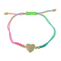 Brass Bracelet with Polyester Cord Heart gold color plated Adjustable & micro pave cubic zirconia & for woman multi-colored Length Approx 9 Inch Sold By PC