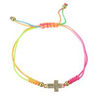 Brass Bracelet, with Polyester Cord, Cross, gold color plated, Adjustable & micro pave cubic zirconia & for woman, multi-colored, Length:Approx 9 Inch, Sold By PC