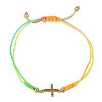 laiton bracelet, avec cordon de polyester, croix, Placage de couleur d'or, Réglable & pavé de micro zircon & pour femme, multicolore, Longueur:Environ 9 pouce, Vendu par PC