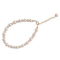 Freshwater Cultured Pearl Bracelet, 925 Sterling Silver, with Freshwater Pearl, gold color plated, for woman & with rhinestone, Length:Approx 7.6 Inch, Sold By PC