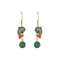 Tibetan Style Drop Earrings, with Green Calcedony, gold color plated, Hand-Painted Enamel Glaze & for woman, green, 42mm, Sold By Pair