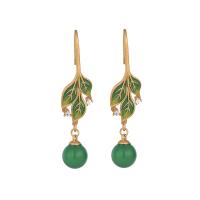 Boucles d'oreilles en alliage de zinc, avec Calcédoine verte, Placage de couleur d'or, Glaçure en émail peinte à la main & pavé de micro zircon & pour femme, vert, 45mm, Vendu par paire