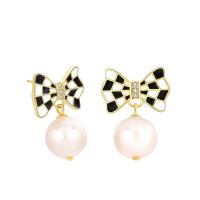 Brass Drop Earring with Plastic Pearl Bowknot plated fashion jewelry & for woman & with rhinestone nickel lead & cadmium free 23.5*17.4mm 10mm Sold By Pair