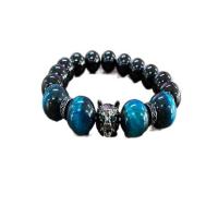 Gemstone Bracelets Black Agate with Tiger Eye & Zinc Alloy Round gun black plated fashion jewelry & Unisex & micro pave cubic zirconia 12mm Length Approx 7.48 Inch Sold By PC