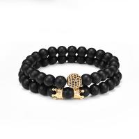Black Agate Bracelets, with Brass, Round, plated, fashion jewelry & Unisex & micro pave cubic zirconia & frosted, more colors for choice, 8mm, Length:Approx 7.48 Inch, Approx 2PCs/Pair, Sold By Pair