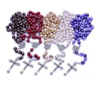 Четки Ожерелье, Стеклянный жемчуг, с цинковый сплав, Kресты, плакирован серебром, Мужская, Много цветов для выбора, 8mm, длина:22.44 дюймовый, продается PC