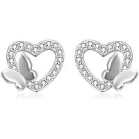 Boucle d'oreille bijoux en argent sterling, Argent sterling 925, coeur, Plaqué de platine, pour femme & avec strass & creux, 9.60x8.60mm, Vendu par paire