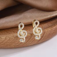 Brass Huggie Hoop Earring, Music Note, gold color plated, for woman & with rhinestone, 7.40x14.20mm, Sold By Pair