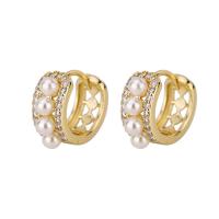 Brass Huggie Hoop Earring with Plastic Pearl gold color plated for woman & with rhinestone Sold By Pair