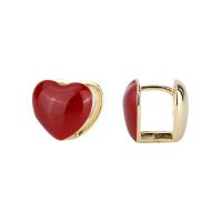 Messing Huggie Hoop Ohrringe, Herz, goldfarben plattiert, für Frau & Emaille, rot, 11.50x11mm, verkauft von Paar