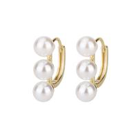 Brass Huggie Hoop Earring, with Plastic Pearl, gold color plated, for woman, 6x19.50mm, Sold By Pair