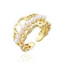 Brass Cuff Finger Ring, with Plastic Pearl, 18K gold plated, Adjustable & for woman, 18mm, Sold By PC