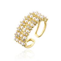 Brass Cuff Finger Ring, with Plastic Pearl, 18K gold plated, Adjustable & micro pave cubic zirconia & for woman, 18mm, Sold By PC
