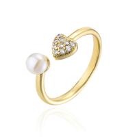 Brass Cuff Finger Ring with Plastic Pearl gold color plated Adjustable & micro pave cubic zirconia & for woman 18mm Sold By PC