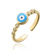 Brass Cuff Finger Ring gold color plated Adjustable & micro pave cubic zirconia & for woman & enamel blue 18mm Sold By PC
