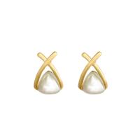 Tibetan Style Stud Earring, with ABS Plastic Pearl, high quality plated, fashion jewelry & for woman, golden, 19x18mm, Sold By Pair