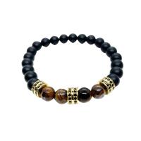 Gemstone Bracelets Black Agate with Tiger Eye & Brass Round gold color plated fashion jewelry & Unisex & micro pave cubic zirconia black 8mm Length Approx 7.48 Inch Sold By PC