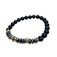 Gemstone Bracelets, Black Agate, with Brass, Round, gold color plated, fashion jewelry & Unisex & anti-fatigue & micro pave cubic zirconia, black, 8mm, Length:Approx 7.48 Inch, Sold By PC