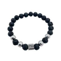 Gemstone Bracelets, Lava, with Obsidian, Round, silver color plated, fashion jewelry & Unisex & micro pave cubic zirconia, black, 8mm, Length:Approx 7.48 Inch, Sold By PC