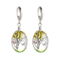 Huggie Hoop Drop Earring Brass with Dried Flower & Glass Oval platinum color plated fashion jewelry & for woman nickel lead & cadmium free Sold By Pair