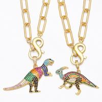 Cubic Zircon Micro Pave Brass Necklace, Dinosaur, gold color plated, different styles for choice & micro pave cubic zirconia, mixed colors, nickel, lead & cadmium free, 32x40mm, Length:18.11 Inch, Sold By PC