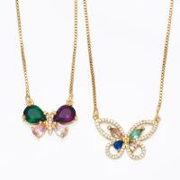 Cubic Zircon Micro Pave Brass Necklace with Cubic Zirconia Butterfly gold color plated mixed colors nickel lead & cadmium free Length 17.32 Inch Sold By PC