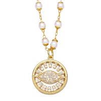 Cubic Zircon Micro Pave Brass Necklace, with Shell & Plastic Pearl, with 1.97 extender chain, Round, gold color plated, micro pave cubic zirconia, more colors for choice, nickel, lead & cadmium free, 20x18mm, Length:17.32 Inch, Sold By PC