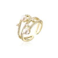 Messing Manchet Finger Ring, met Plastic Pearl, gold plated, Verstelbare & verschillende stijlen voor de keuze & micro pave zirconia & voor vrouw, 18mm, Verkocht door PC