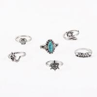 Cink Alloy Ring Set, Cink ötvözet, -val türkiz, galvanizált, 6 darab & divat ékszerek & a nő, ezüst, Által értékesített Set