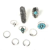 Cink Alloy Ring Set, Cink ötvözet, -val türkiz, galvanizált, divat ékszerek & a nő, ezüst, Által értékesített Set