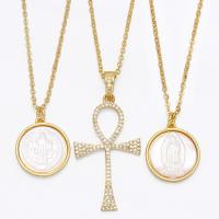 Cubic Zircon Micro Pave Brass Necklace, with Shell, with 1.97 extender chain, gold color plated, different styles for choice & micro pave cubic zirconia, golden, nickel, lead & cadmium free, 45x20mm, Length:17.32 Inch, Sold By PC