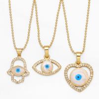 Evil Eye Jewelry Necklace, Brass, with Shell, gold color plated, different styles for choice & micro pave cubic zirconia & enamel, golden, nickel, lead & cadmium free, 27x17mm, Length:16.93 Inch, Sold By PC