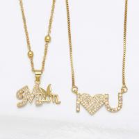 Cubic Zircon Micro Pave Brass Necklace, with 1.97 extender chain, Alphabet Letter, gold color plated, different styles for choice & micro pave cubic zirconia, golden, nickel, lead & cadmium free, 19x23mm, Length:17.32 Inch, Sold By Pair