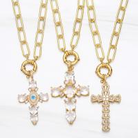 Cubic Zircon Micro Pave Brass Necklace, with Cubic Zirconia & Shell, Cross, gold color plated, different styles for choice & enamel, golden, nickel, lead & cadmium free, 50x28mm, Length:17.72 Inch, Sold By PC
