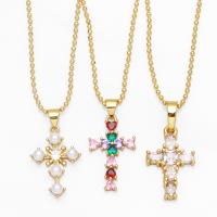 Cubic Zircon Micro Pave Brass Necklace with Cubic Zirconia & Plastic Pearl Cross gold color plated golden nickel lead & cadmium free Length 16.93 Inch Sold By PC