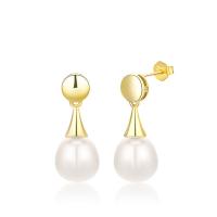 925 Sterling Silver Drop Earring with Freshwater Pearl Round plated fashion jewelry & for woman 9mm Sold By Pair
