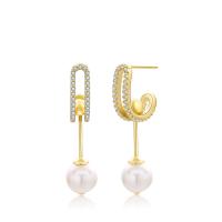 925 Sterling Silver Drop Earring, with Freshwater Pearl, plated, micro pave cubic zirconia & for woman & hollow, more colors for choice, 4.6x33.1mm, 8mm, Sold By Pair