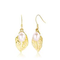 925 Sterling Silver Drop Earring with Freshwater Pearl Leaf plated fashion jewelry & for woman 7mm Sold By Pair
