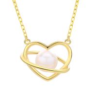 925 Sterling Silver Necklaces with Freshwater Pearl Heart plated oval chain & for woman & hollow 8mm Length Approx 15.7 Inch Sold By PC
