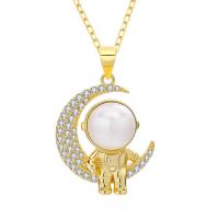 Cubic Zircon Micro Pave 925 Sterling Silver Necklace with Freshwater Pearl with 1.96inch extender chain Astronaut plated oval chain & micro pave cubic zirconia & for woman 8.5mm Length Approx 15.7 Inch Sold By PC