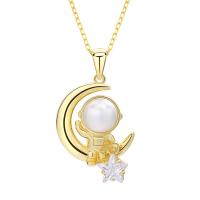 Cubic Zircon Micro Pave 925 Sterling Silver Necklace, with Freshwater Pearl, Astronaut, plated, oval chain & micro pave cubic zirconia & for woman, more colors for choice, Length:Approx 15.7 Inch, Sold By PC