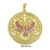 Cubic Zirconia Micro Pave Brass Pendant, Flat Round, gold color plated, micro pave cubic zirconia, 30x32x3mm, Hole:Approx 4mm, Sold By PC