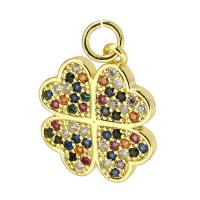 Cubic Zirconia Micro Pave Brass Pendant, Four Leaf Clover, gold color plated, micro pave cubic zirconia, multi-colored, 15x17x2mm, Hole:Approx 3mm, Sold By PC