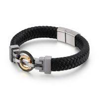 Aço inoxidável 316L pulseira, with cabo de couro, banhado, tingido & para o homem, preto, 205x12mm, vendido por PC