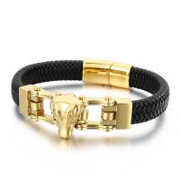 Acier titane bracelet, avec vachette cordon, Placage de couleur d'or, pour homme, noire, 210x12mm, Vendu par PC